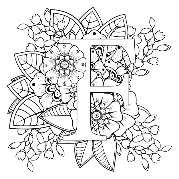 Premium vector letter f with mehndi flower decorative ornament in ethnic oriental style coloring book page