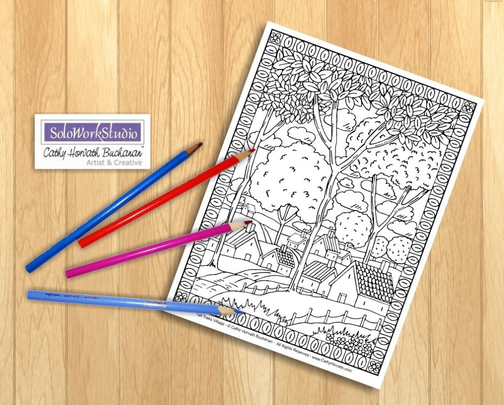 Country cottage folk art coloring pages pack pdf download printable â soloworkstudio
