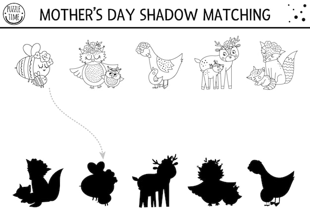 Dãa de la madre actividad de coincidencia de sombras en blanco y negro para niãos divertida pãgina para colorear de la lãnea de primavera con lindos animal de madre y bebã juego