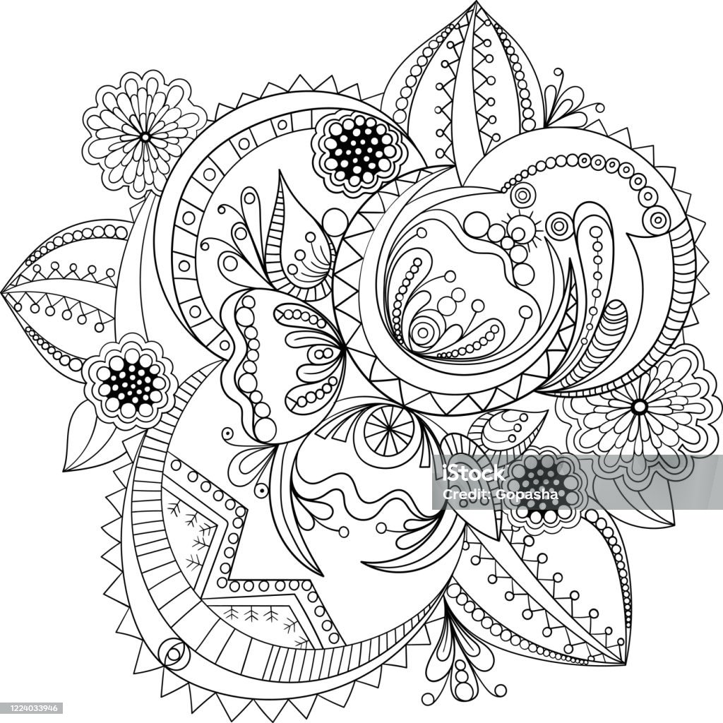 Ilustraciãn de flores decorativas de doodle en blanco y negro para colorear libro portada o fondo boceto dibujado a mano para pãgina para colorear antiestrãs para adultos ilustraciãn vectorial y mãs vectores