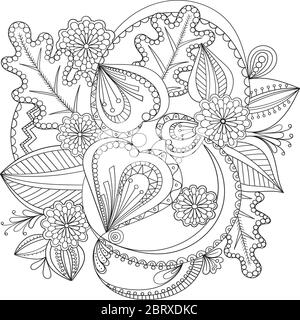 Flor decorativas de fideos en blanco y negro para colorear libro portada o fondo dibujo dibujado a mano para adultos anti trãs colorear pãgina vector imagen vector de stock