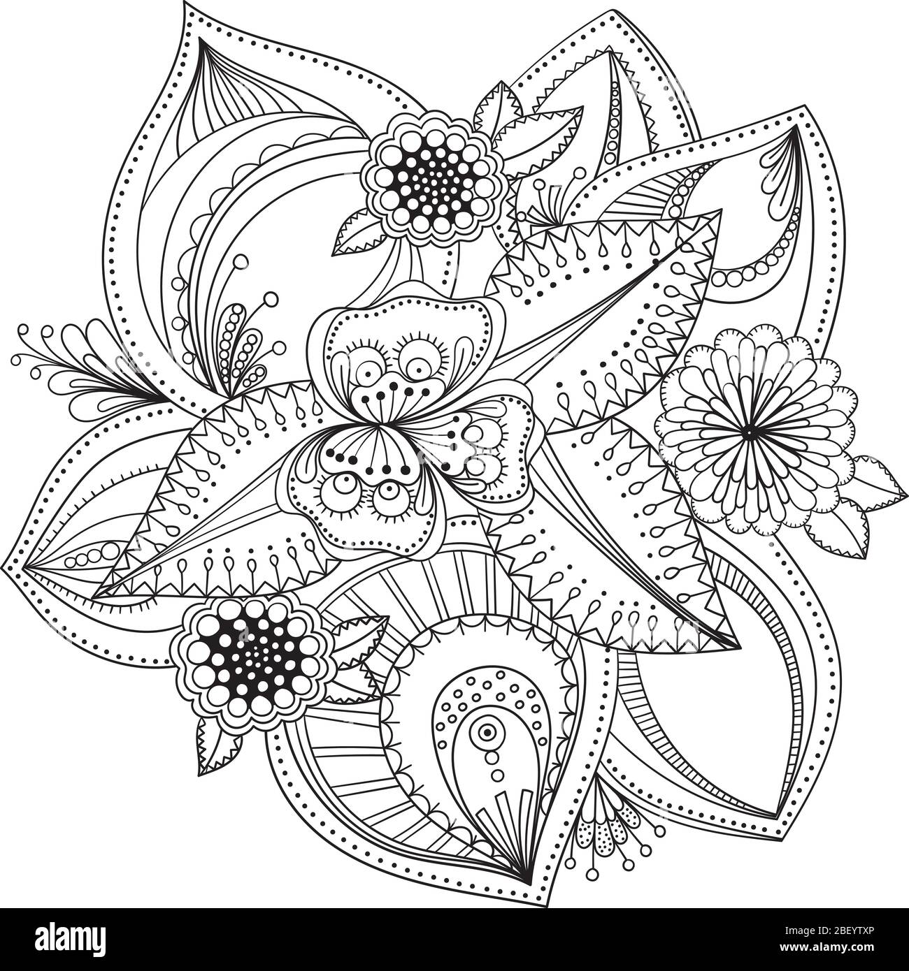 Flor decorativas de fideos en blanco y negro para colorear libro portada o fondo dibujo dibujado a mano para adultos anti trãs colorear pãgina vector imagen vector de stock