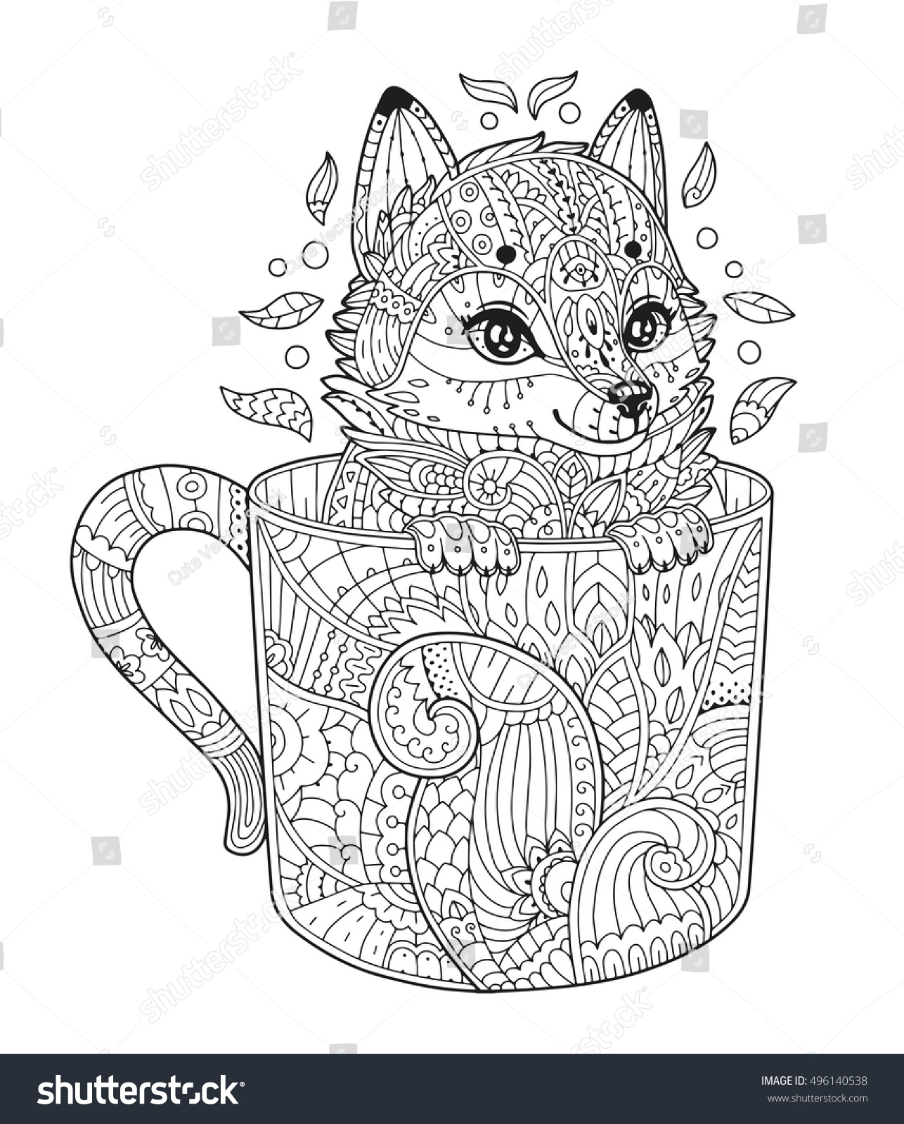 Fox cup adult antistress coloring page stock vector royalty free