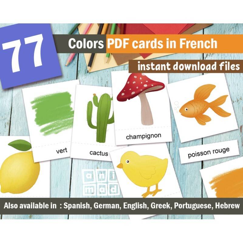 French colors montessori cards editable printable pdf learn colors in french educational flashcards preschool vocabulary part cards
