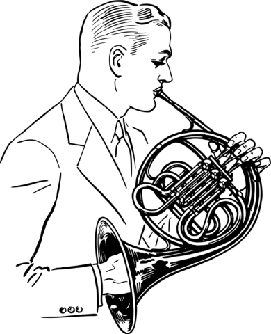 Vintage man playing the french horn coloring page free printable coloring pages