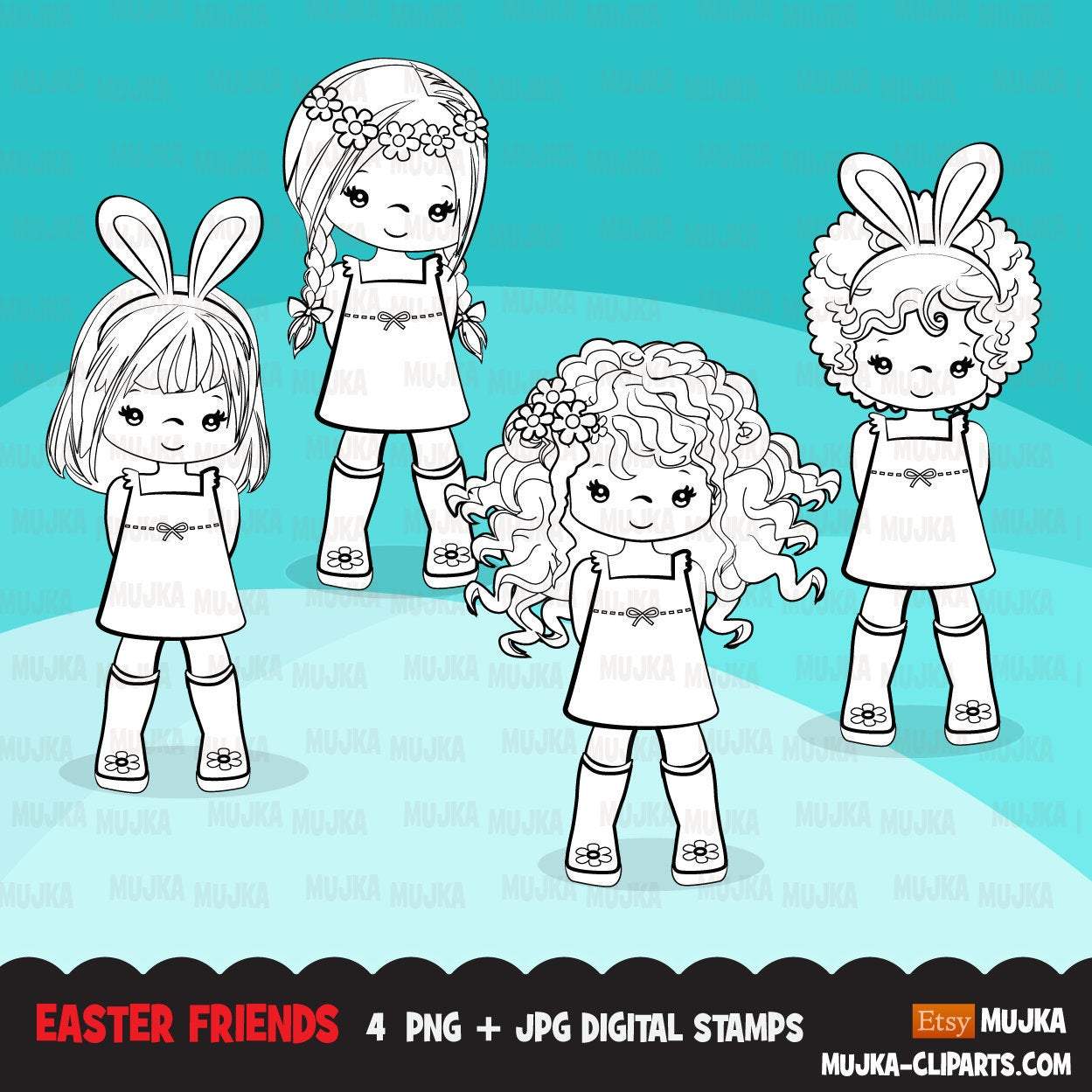 Easter digital stamps black white easter girls graphics egg hunt â mujka cliparts