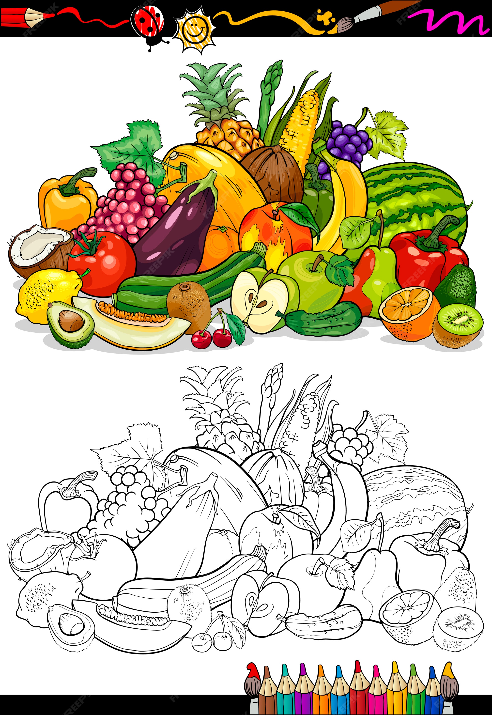 Premium vector fruits and vegetables for coloring book
