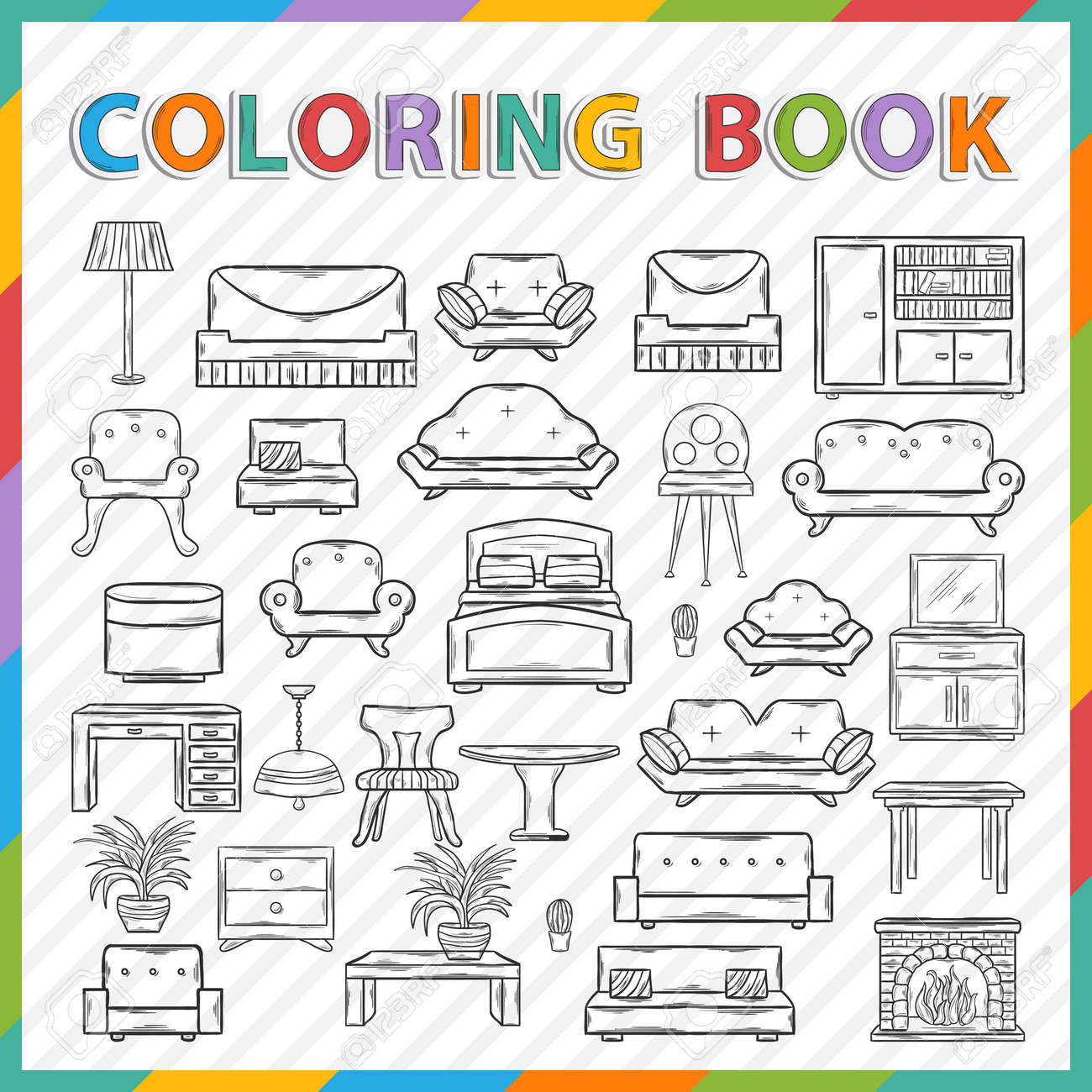 Vector coloring bookhand drawn icon set with various home interior decorhome accessories furniture icons sofasarmchairs tablelamp floor lampwardrobemirrorbed chair in doddle style royalty free svg cliparts vectors and stock illustration