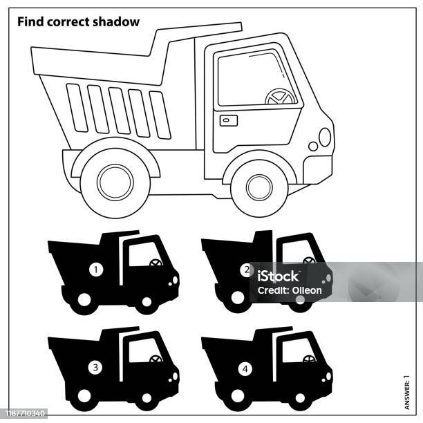 Puzzle game for kids find correct shadow lorry or dump truck construction vehicles coloring book for children stock illustration