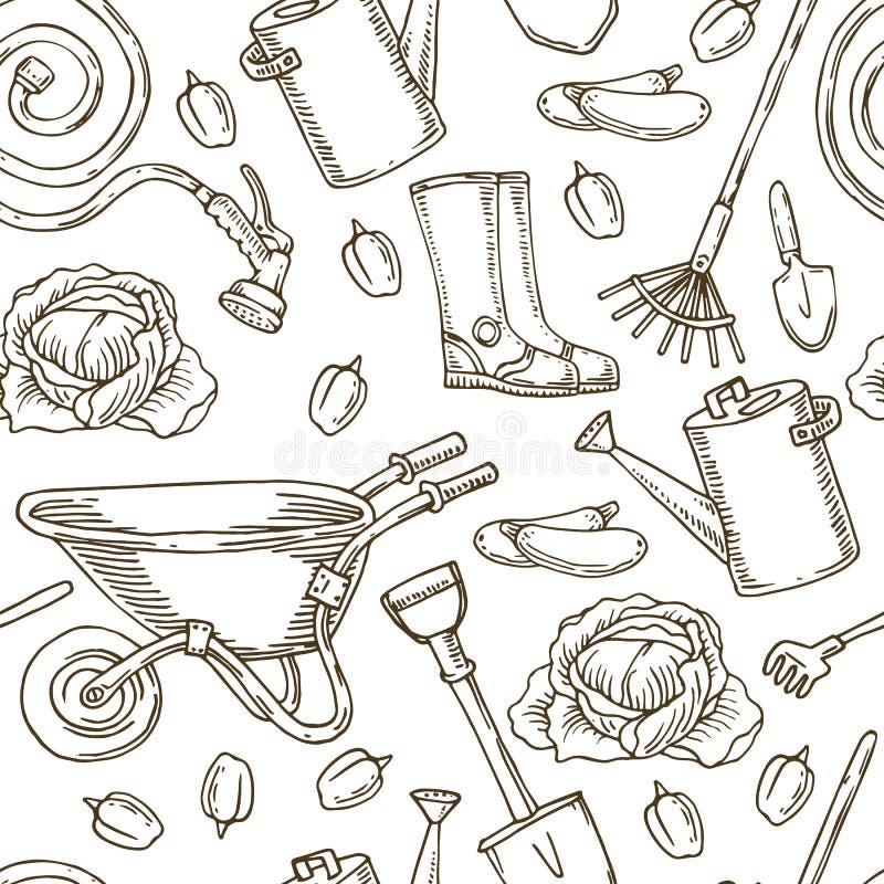 Garden tools and vegetables pattern for coloring stock vector