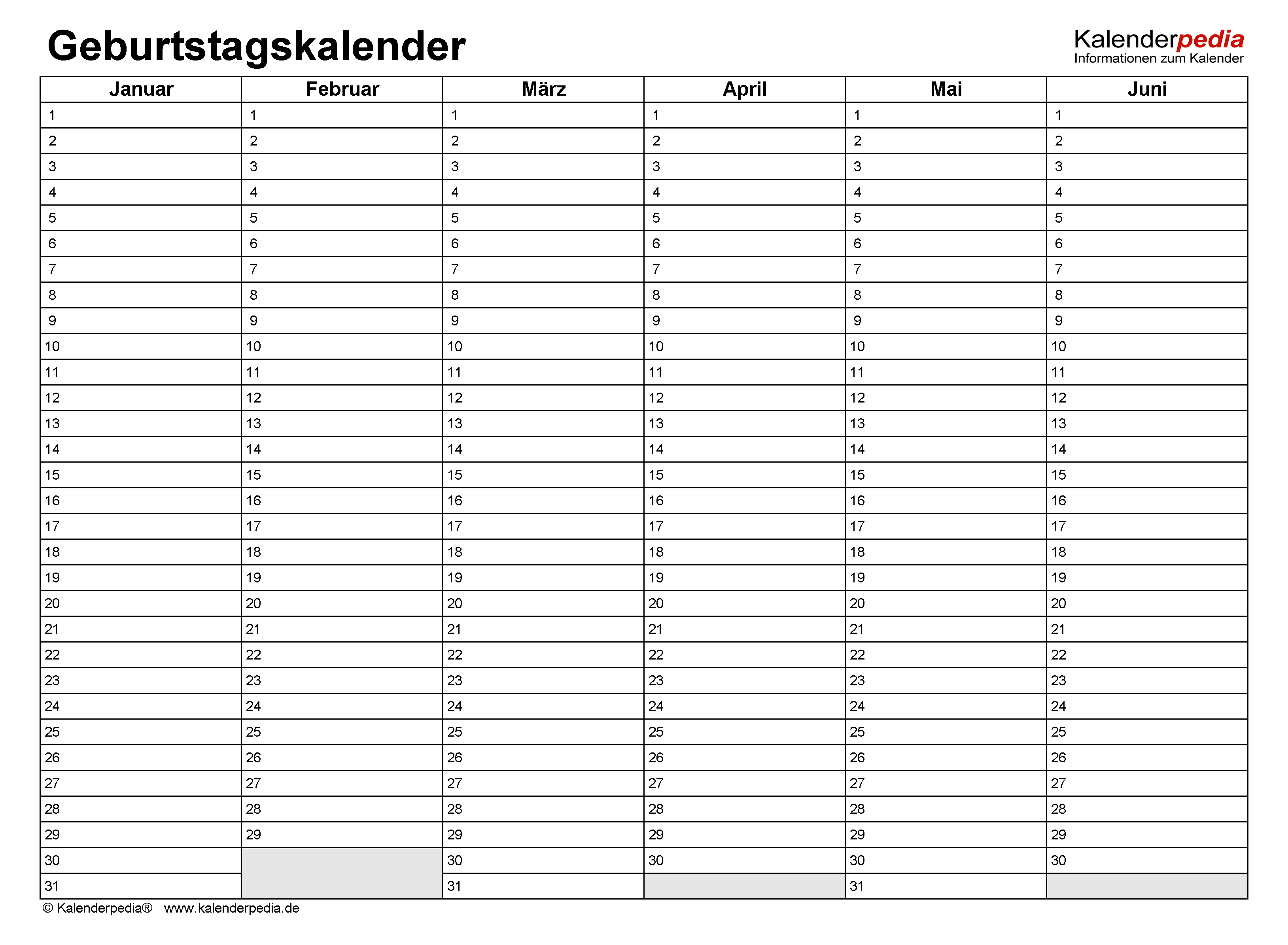 Geburtstagskalenr in excel zum ausdrucken varianten