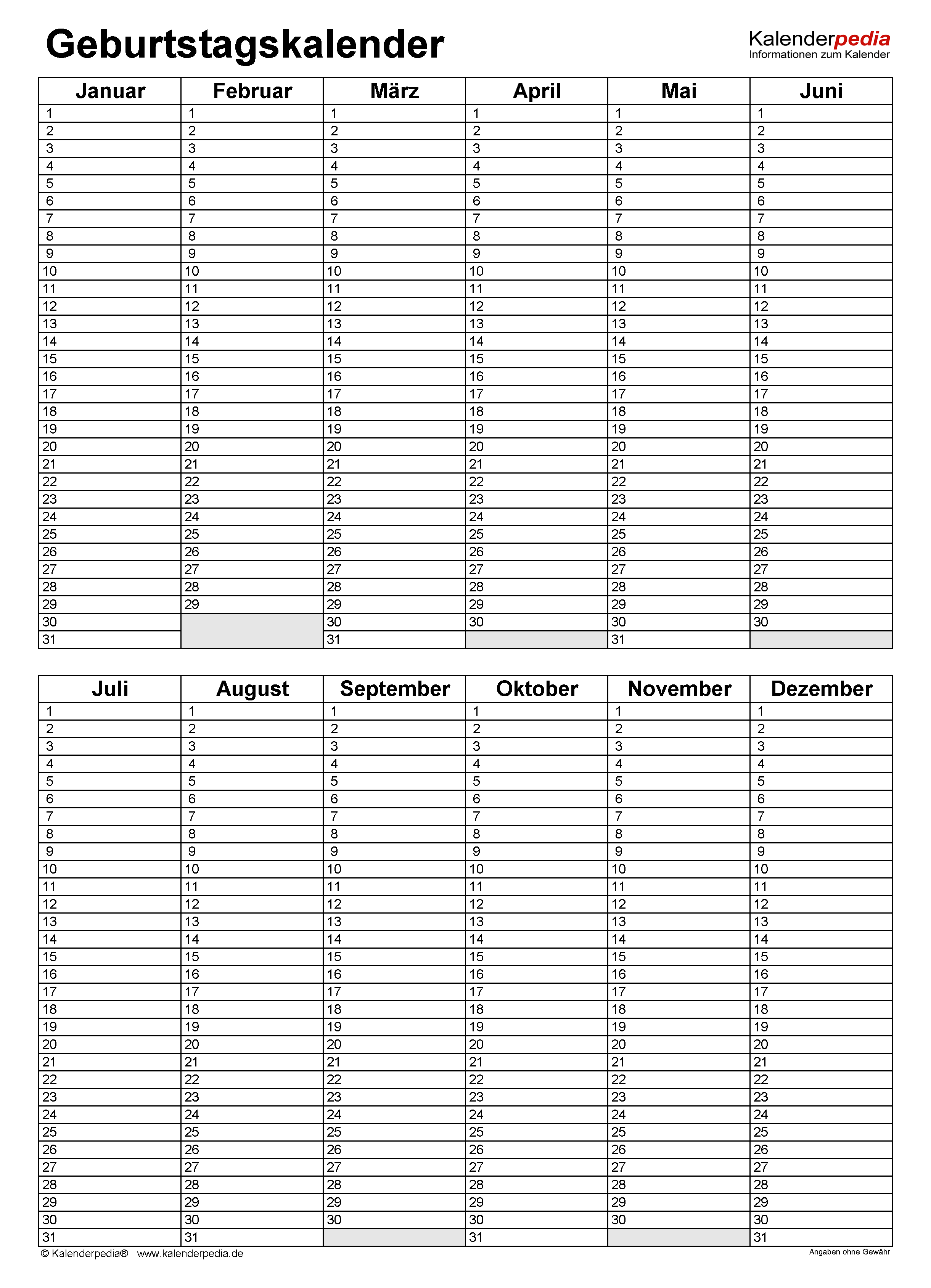 Geburtstagskalenr in excel zum ausdrucken varianten