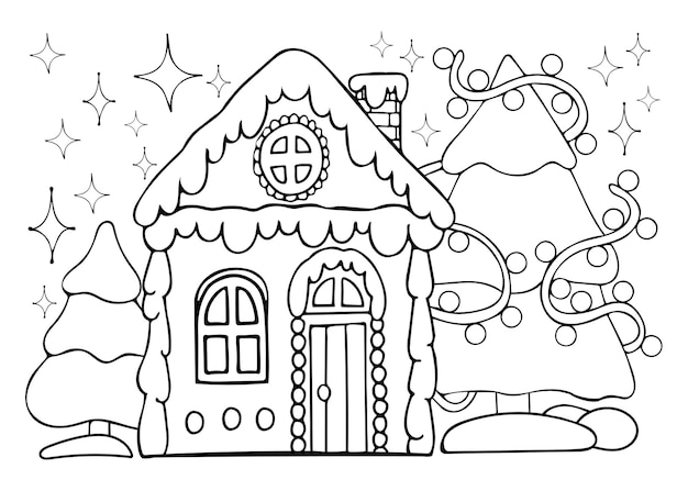 Premium vector christmas gingerbread house vector coloring page sweet festive cookies fir tree decorated with garland hand drawn line art winter illustration happy holiday coloring book for children and adults