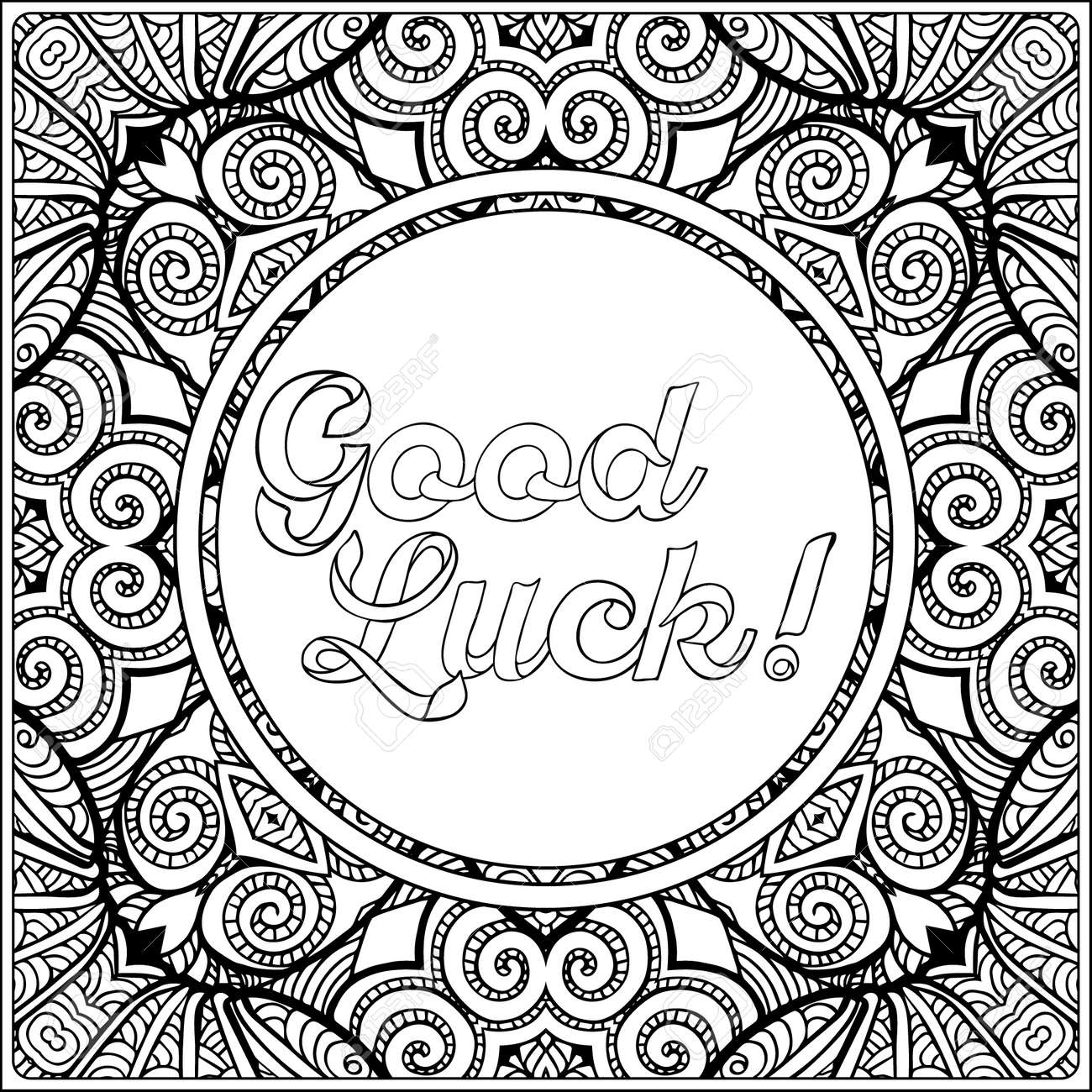 Good luck lettering coloring page with message on vintage pattern background adult coloring book outline drawing vector illustration royalty free svg cliparts vectors and stock illustration image