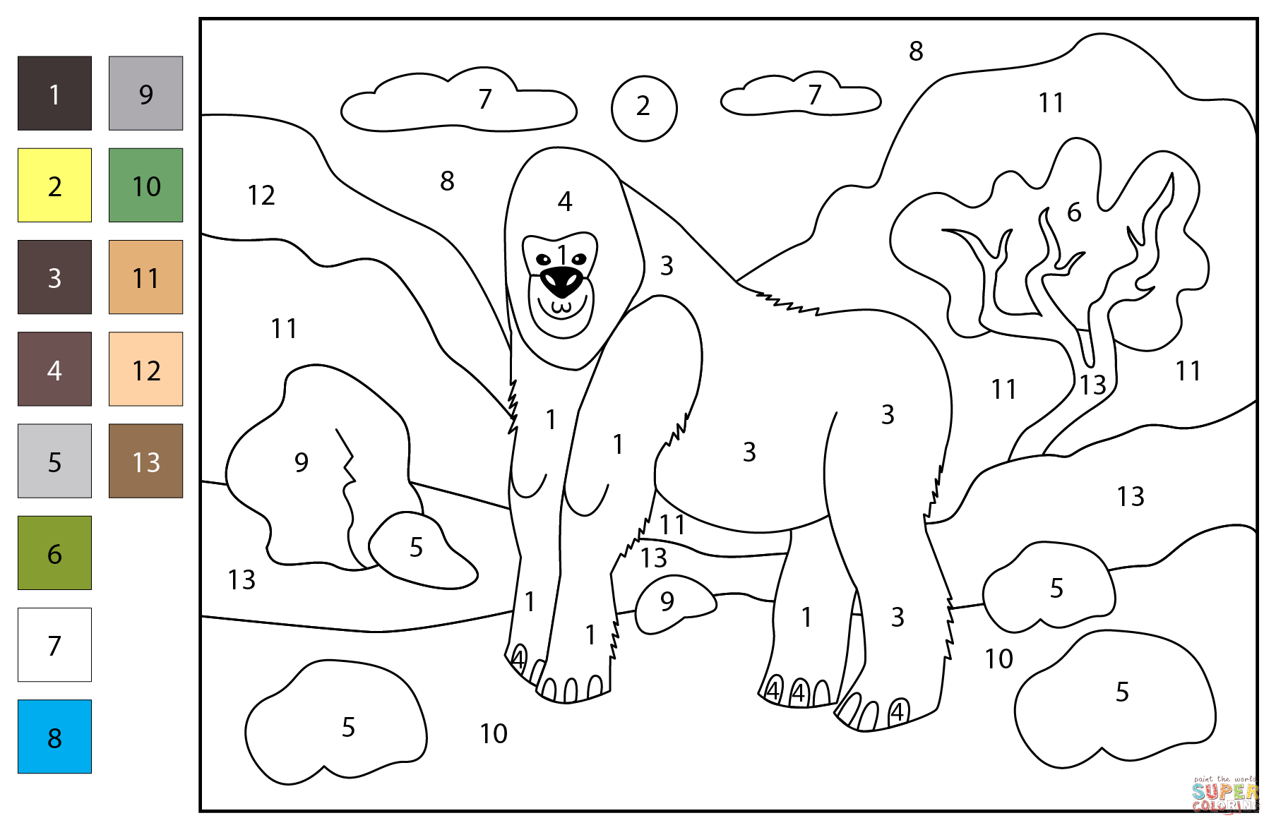 Gorilla color by number free printable coloring pages