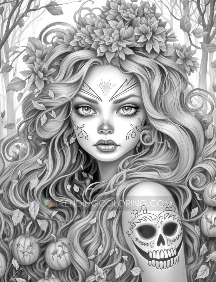 Gothic glamour girl grayscale coloring pages