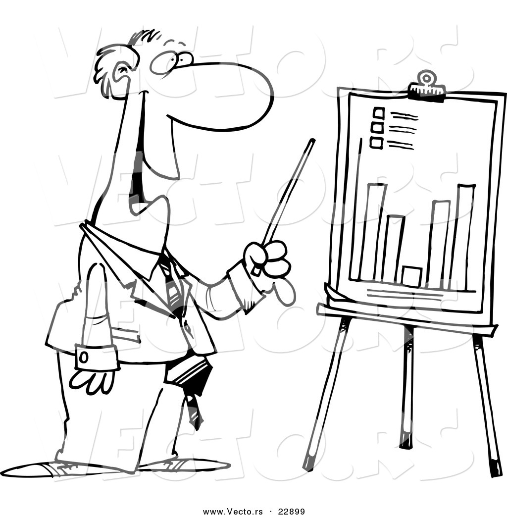 R of a cartoon businessman discussing a bar graph