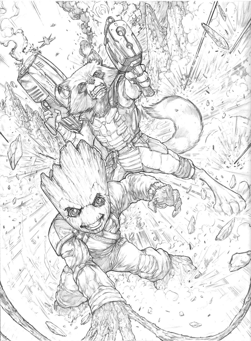 Baby groot and rocket raccoon by leorodriguesart on