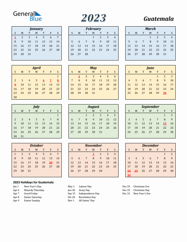 Guatemala calendar with holidays