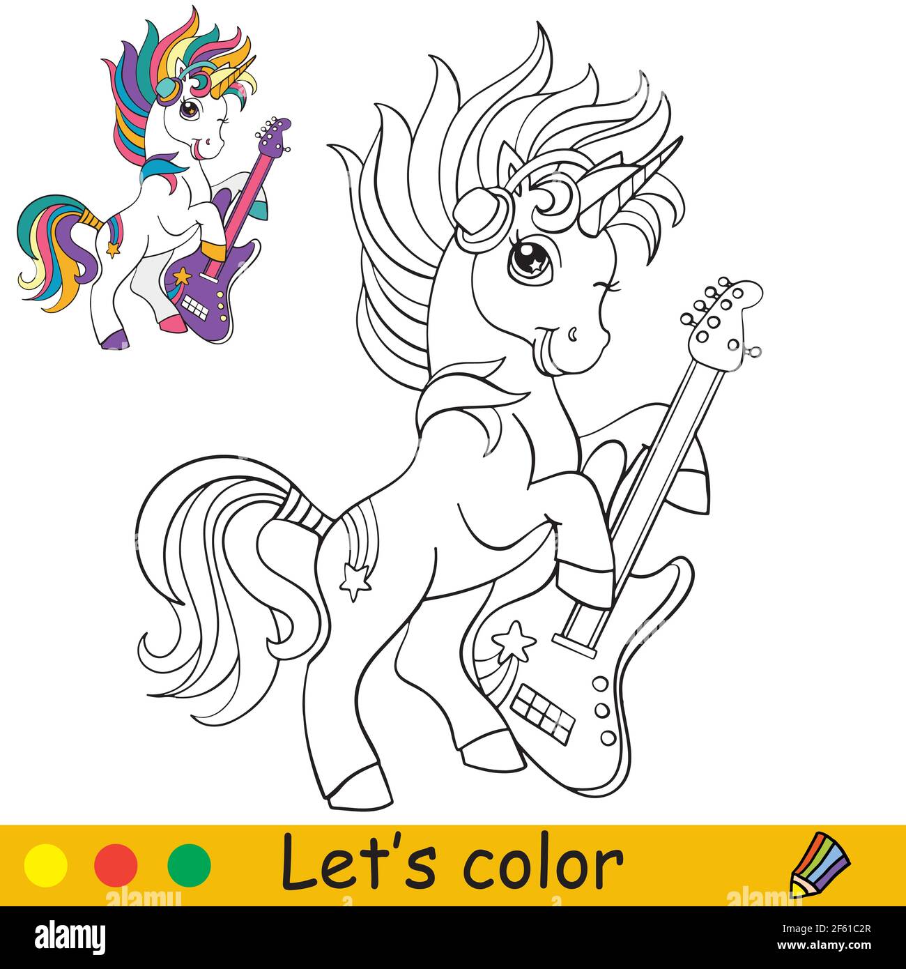 Cool cartoon unicorn with a guitar coloring book page with colorful template vector cartoon isolated illustration for coloring book printgame ed stock vector image art