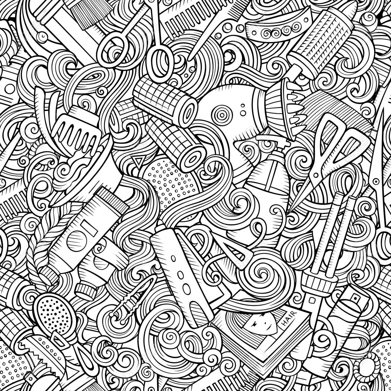 Hair salon hand drawn doodles seamless pattern hairstyle background cartoon hairdressing coloring page design sketchy vector barbershop illustration royalty free svg cliparts vectors and stock illustration image