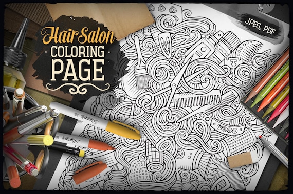 Hair digital coloring page hair salon doodle adult coloring book printable coloring sheet barbershop cartoon illustration download