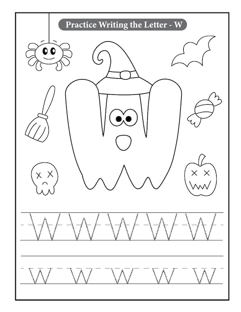 Premium vector halloween alphabet coloring pages with baby ghost
