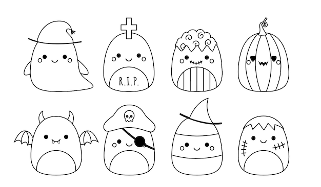 Premium vector halloween set squishmallow zombie ghost candy corn pumpkin tomb pirate coloring page squishmallow black and white color me isolated vector illustration eps