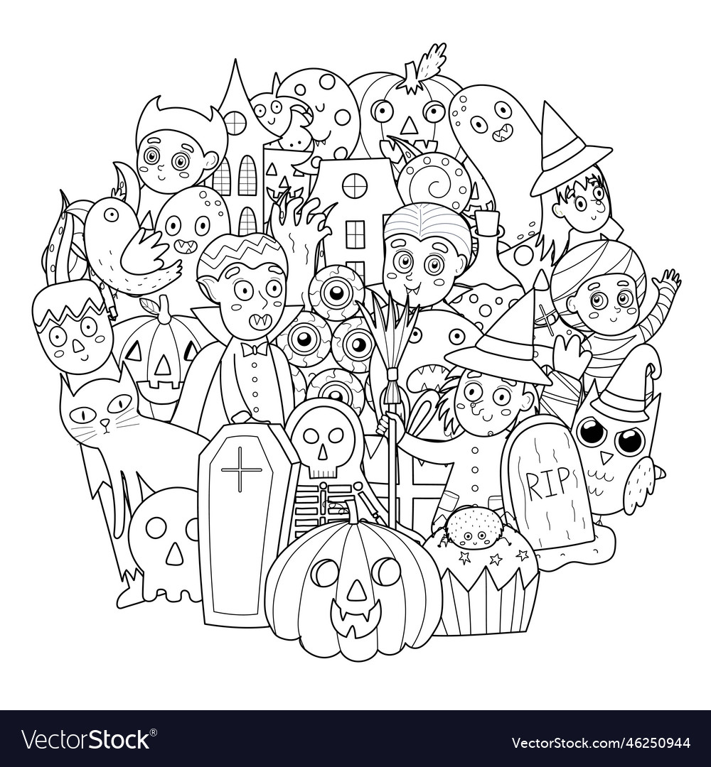 Doodle halloween characters coloring page spooky vector image