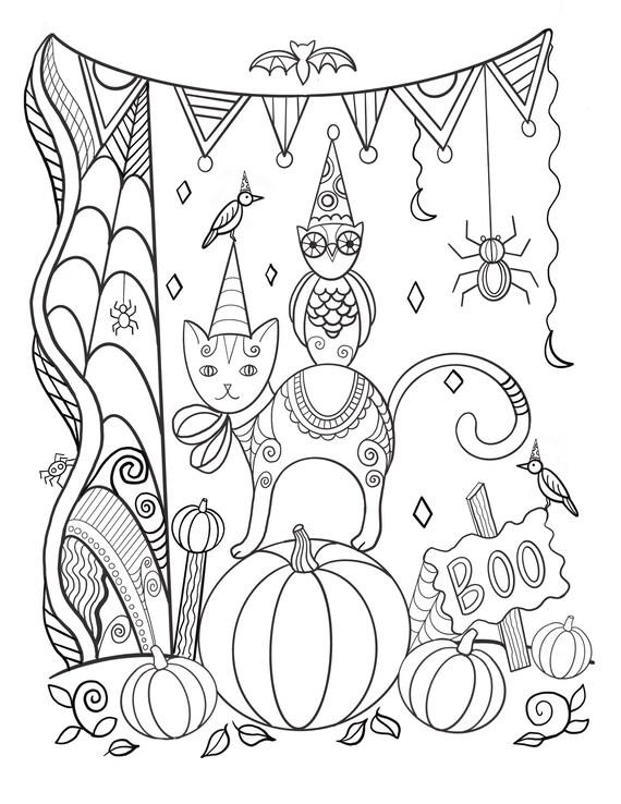 Halloween characters stack adult coloring page pdf digital download