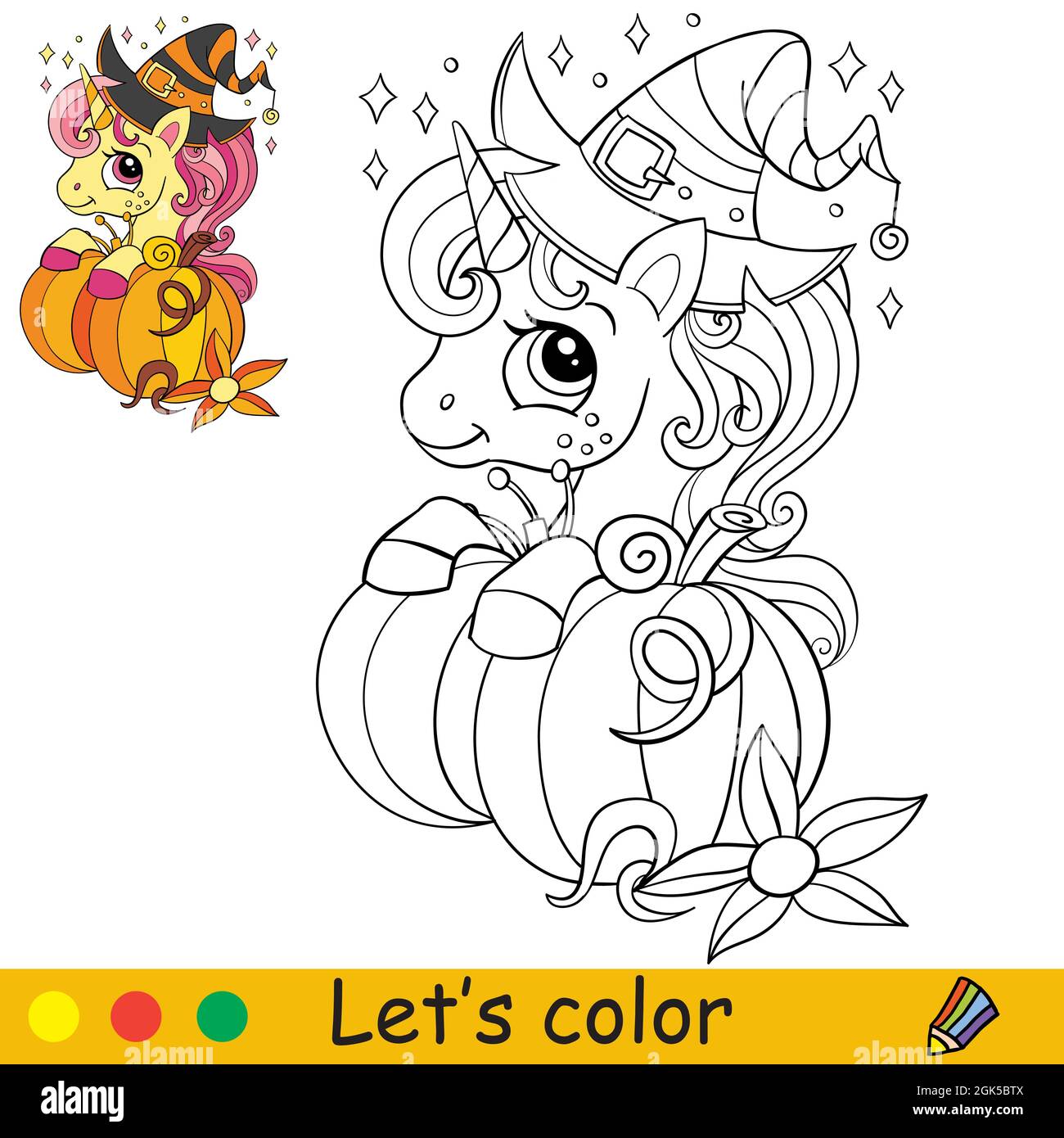 Cute unicorn in a witches hat with a pumpkin halloween concept coloring book page for children vector cartoon isolated illustration for coloring b stock vector image art