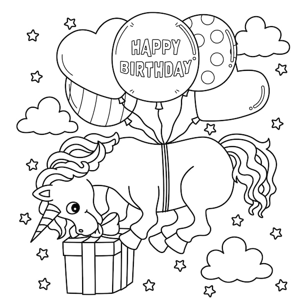 Premium vector a cute and funny coloring page of a happy birthday unicorn provides hours of coloring fun for children color this page is very easy suitable for little kids and