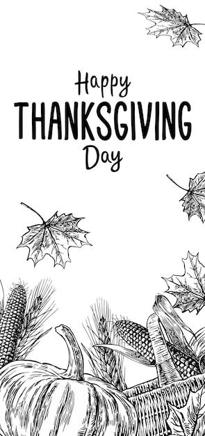 Premium vector hand drawn thanksgiving day with leaves pumpkin corn cob ear and spica on white background vector vintage illustration for greeting card