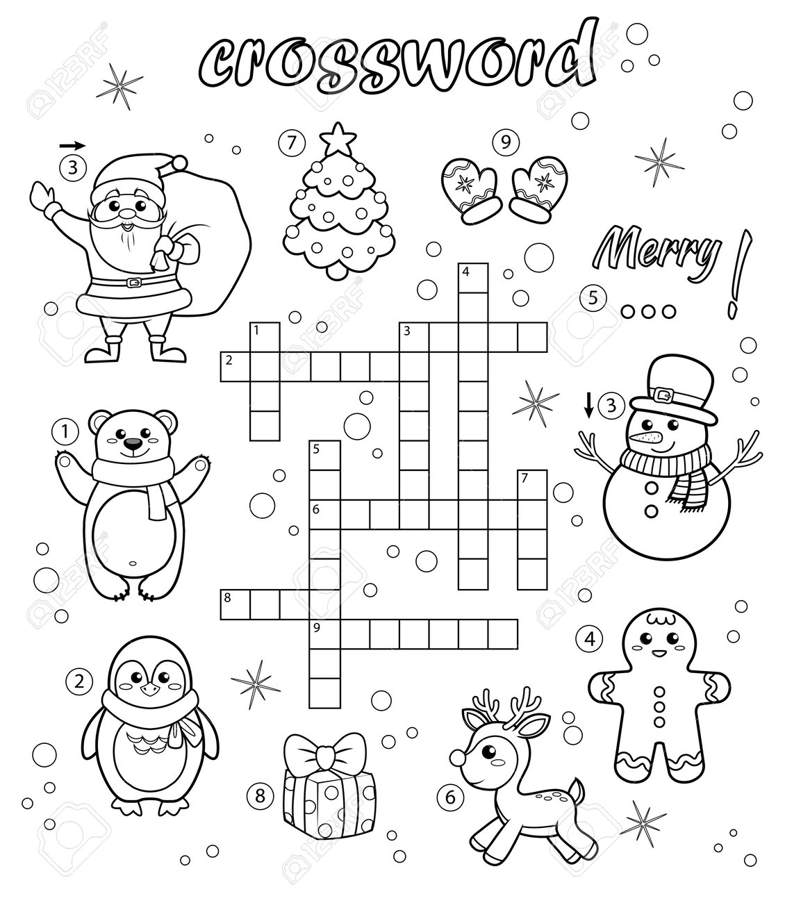 Crossword puzzle game of christmas and new year theme black and white vector illustration for coloring book royalty free svg cliparts vectors and stock illustration image
