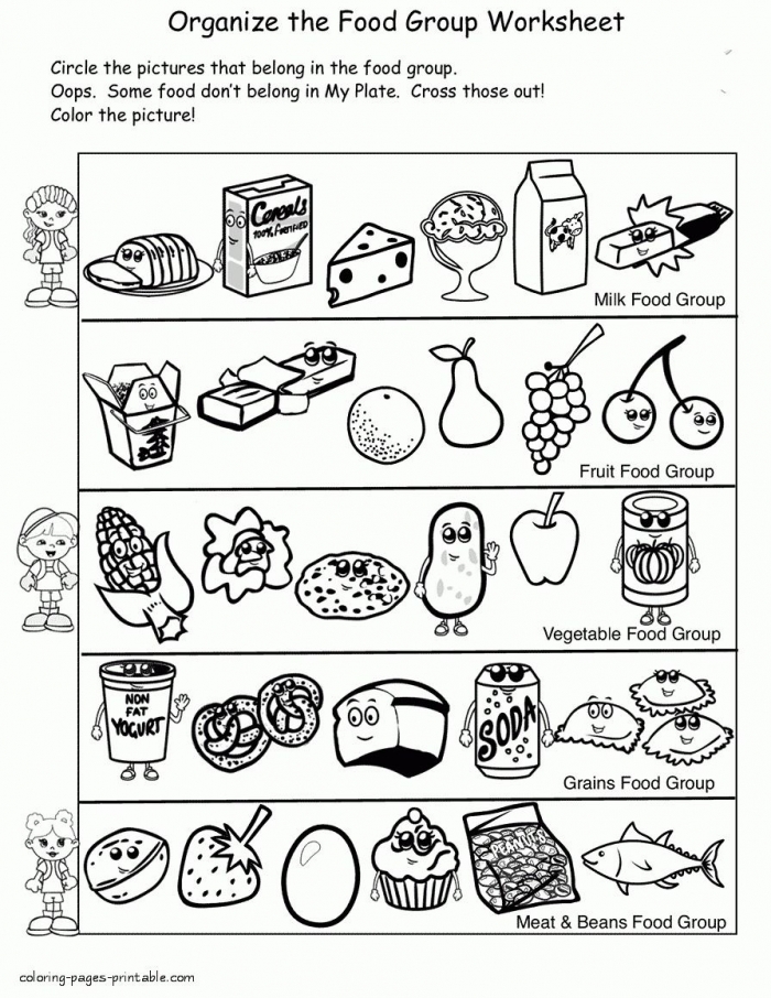 Healthy food coloring page worksheets