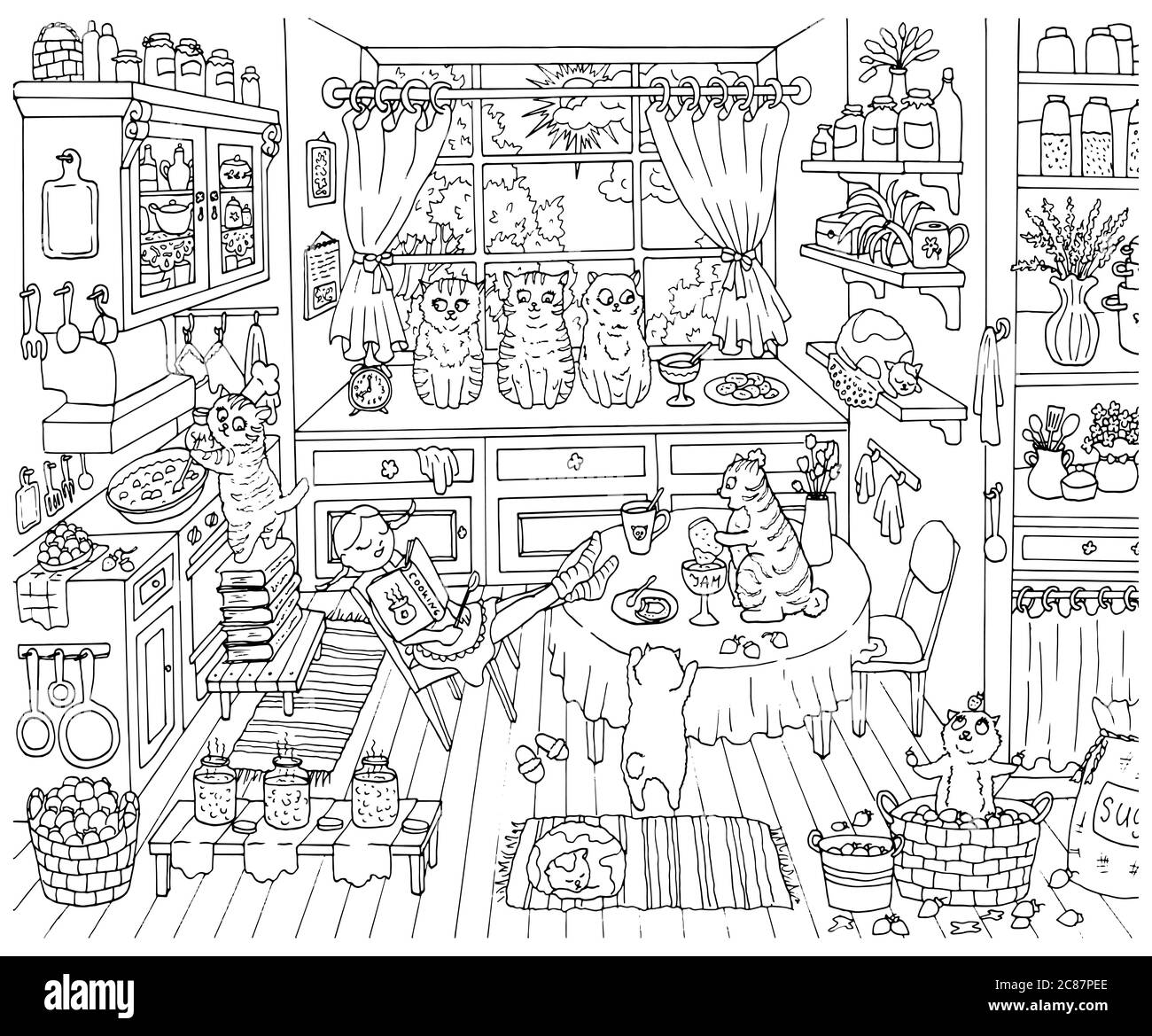 Cute hand drawn vector illustration with old kitchen pretty sleeping girl and adorable funny bobtail cats helping cook jam graphic vintage backgroun stock photo