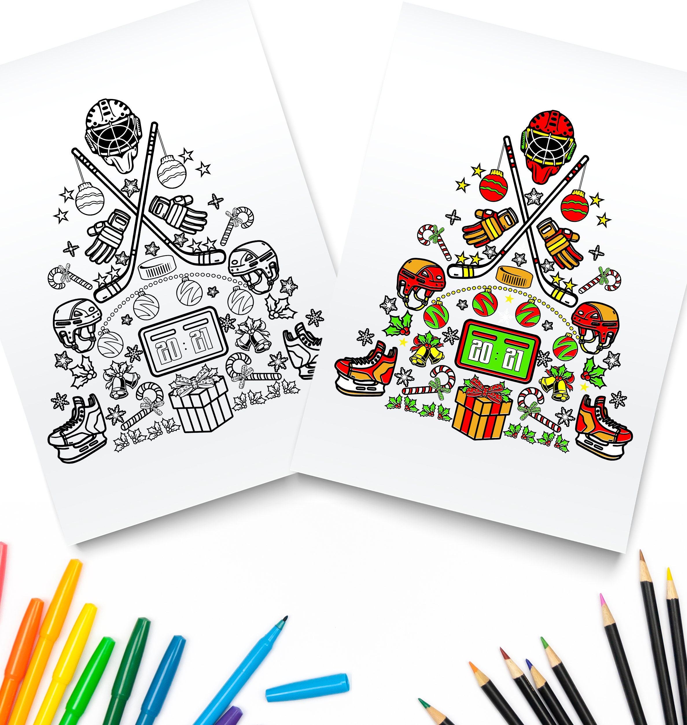 Printable hockey christmas tree digital download christmas coloring page hockey lovers instant download
