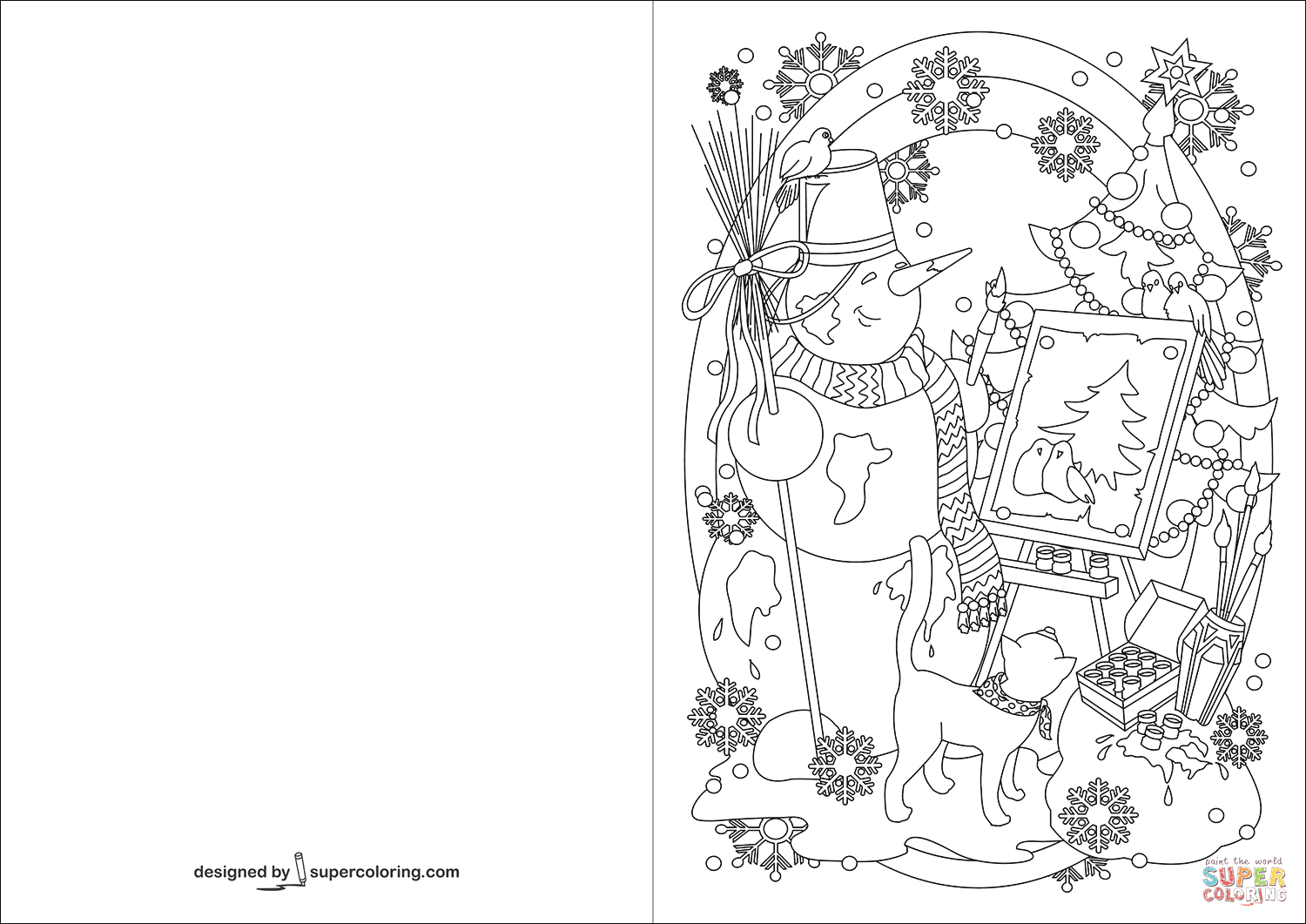 Snowman painting christmas tree greeting card coloring page free printable coloring pages