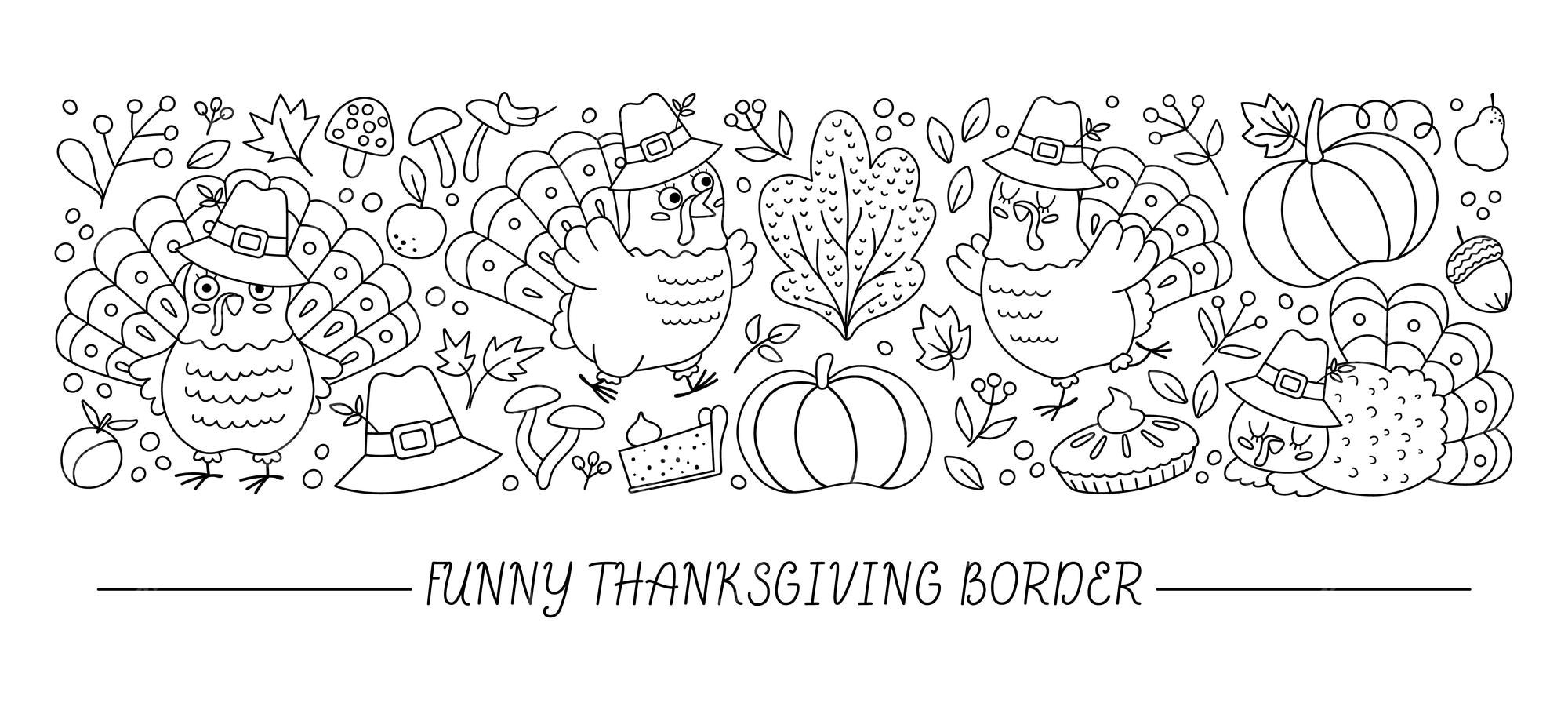 Premium vector vector black and white horizontal border set with cute turkeys pumpkins harvest and autumn forest elements outline thanksgiving card template design funny line fall holiday border xa