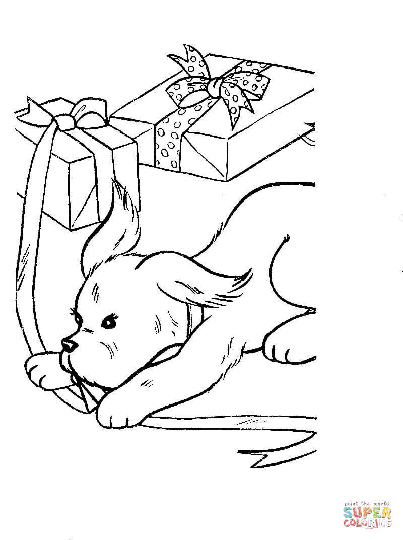 Dog is playing with present boxes coloring page free printable coloring pages