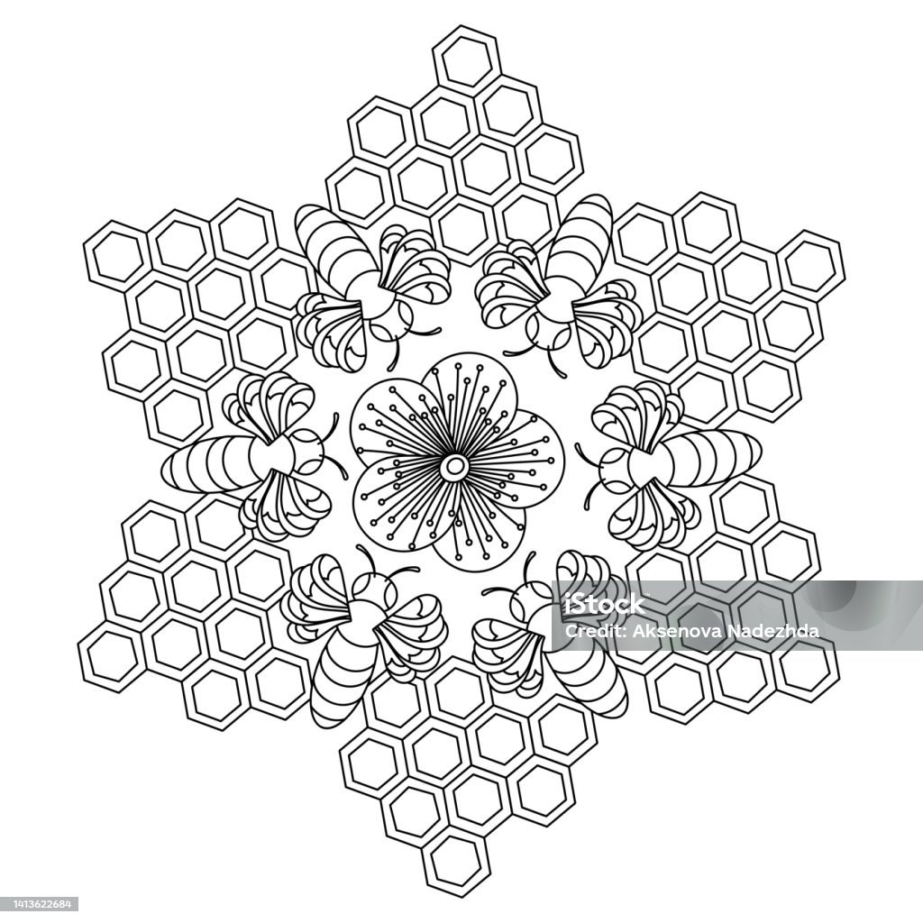 Honey coloring page for adult flowers honeyb and bees hand drawn doodle vector illustrations stock illustration