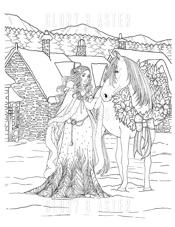 Holiday horse coloring page printable adult coloring page winter coloring page christmas coloring page fantasy coloring