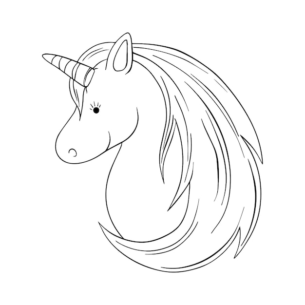 Premium vector unicorn horse with a horn and a long mane in profile mystical character doodle linear cartoon coloring book