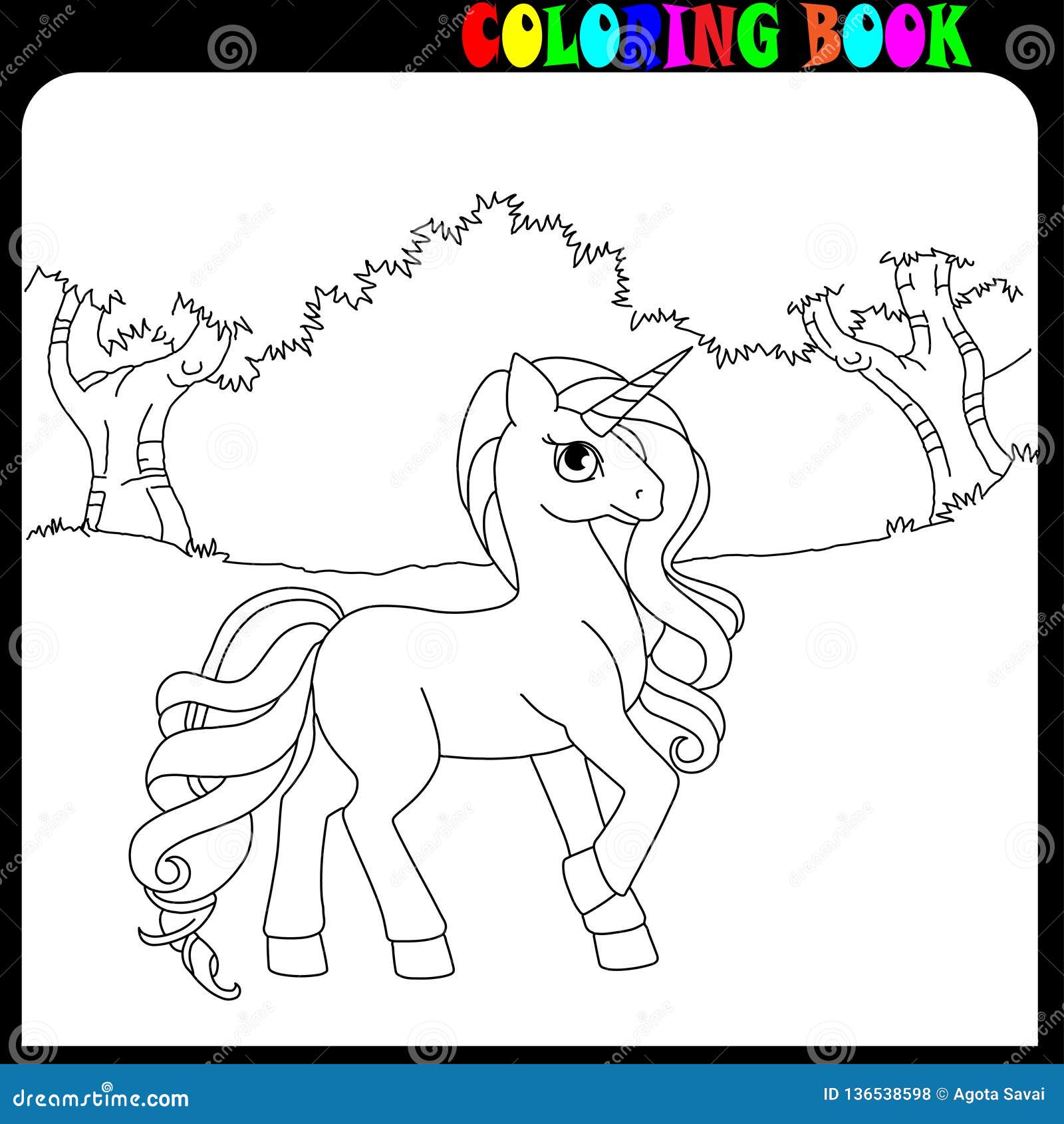 Coloring book unicorn horse or pony theme in the garden or forest stock vector
