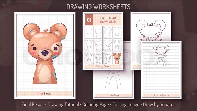 How to draw a brown bear step by step drawing tutorial draw gui simple instruction coloring page worksheets for kids and adults stock vector