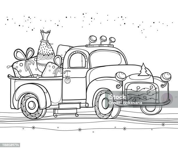 Vector drawing of outline vintage old pickup truck with garland and gifts in back isolated on white background stock illustration