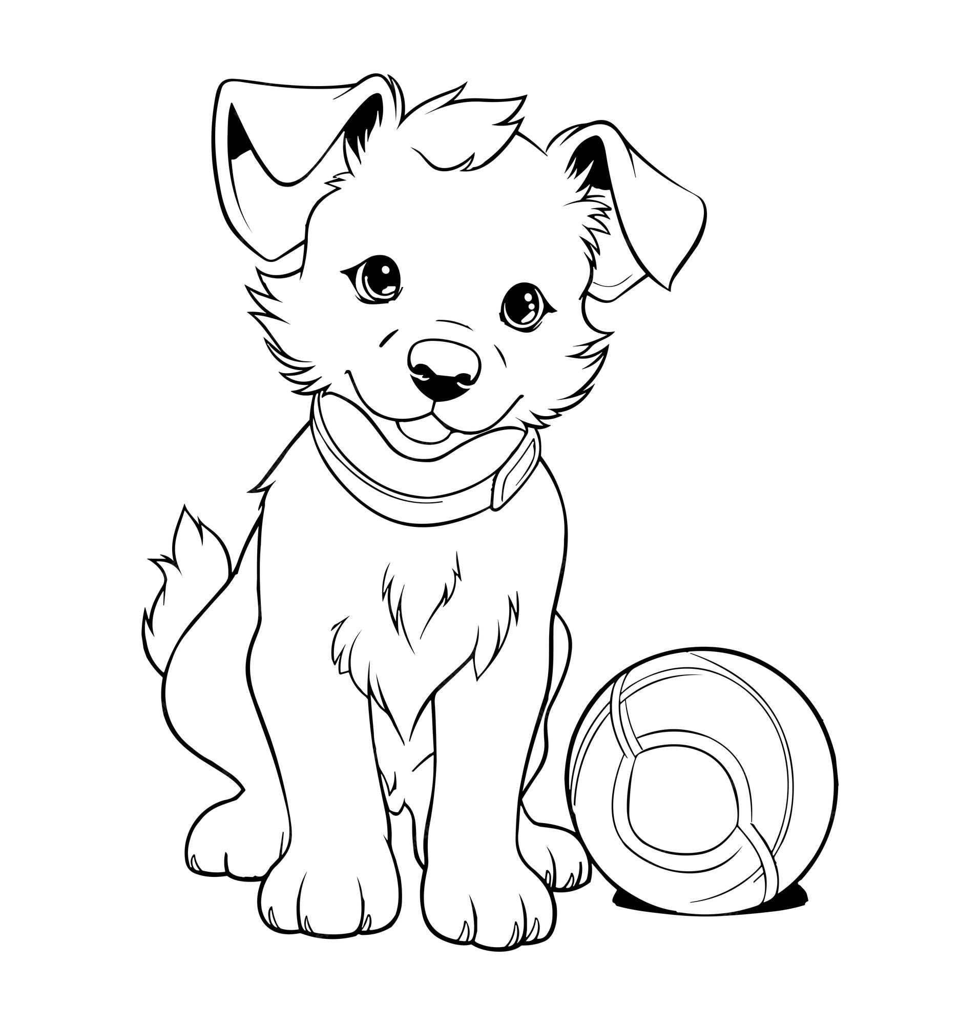 Premium vector dog with a ball coloring page for kids