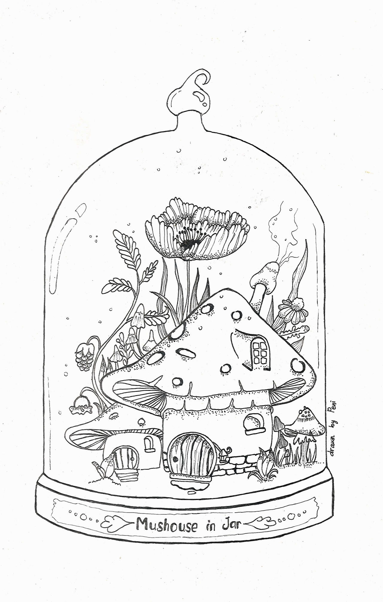 Mushroom house in a jar free lineart coloring page by peniirarts on