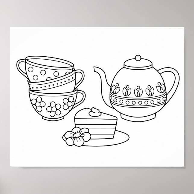 Teapot teacups and cake coloring page poster