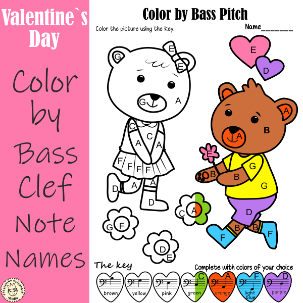 Valentines day music coloring pages color by bass clef note names